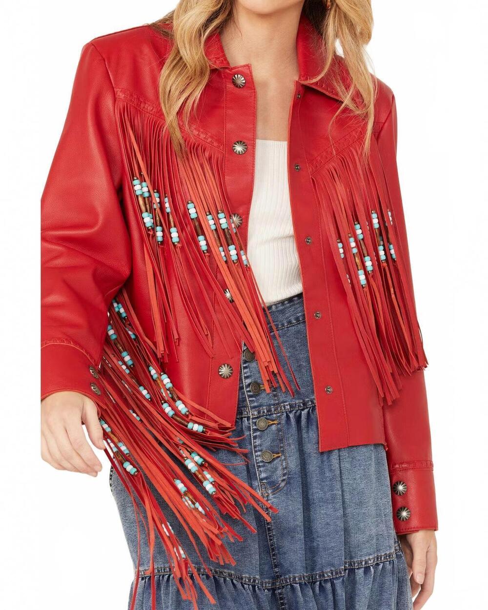 NEW CRIPPLE CREEK women's leather beaded fringe jacket in red